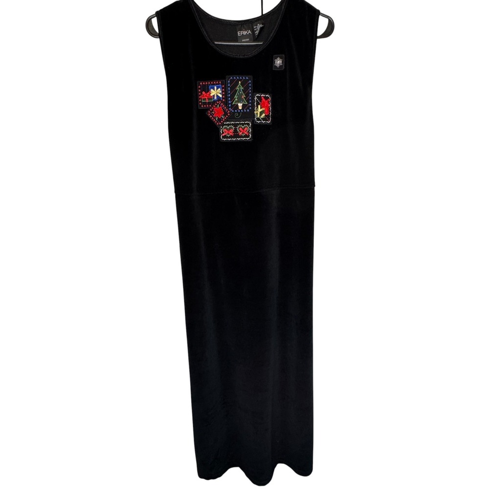 Erika Black Velvet Christmas Holiday Maxi Dress Womens Medium Embroidered‎ Bows
